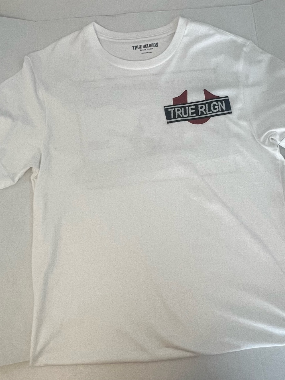 True Religion White Tee with Red and Black Logo Patch